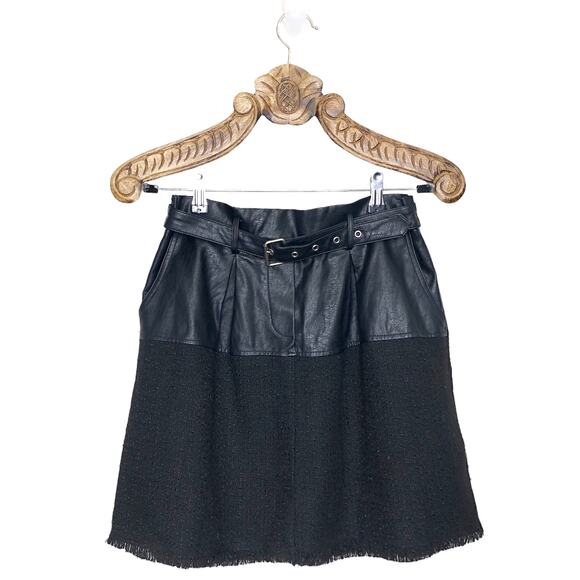 FATE Black Skirt Faux Leather and Tweed Belted Fringe Mini Pockets Large